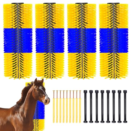 4pc Livestock Scratch Brushes, 20'' x 7.3'' Heavy Duty Cow Scratcher Wall Mount, Flexible Anti-Itch Grooming Tool for Cattle, Goat, Horse Grooming Supplies with Screws and Nuts - color: blue yellow