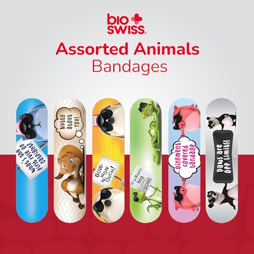 BioSwiss Bandages, Assorted Animal Shaped Variety Self Adhesive Bandage, Latex Free, Sterile Wound Care, 100 Count - size: 100-Count Box, style: Assorted Animals