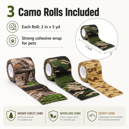 3 Pack Camo Pet Self Adhesive Bandage Wrap 2 Inch x 5 Yards Cohesive Tape for Dogs Cats Animals Wound Care Sprains and Swelling