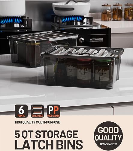 WYT 5-Quart Small Plastic Storage Container Bin with Secure Lids and Latch Buckles, Black Clear Durable Stackable Nestable Organizin, 6-Pack - color: Black