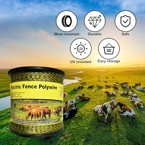 Electric Fence Polywire, 3366Ft/1026M, 1/8" Dia, Portable Wire | Upgraded polywire,Built with 6 stainless steel strands ,easy to roll up and carry for farm livestock fencing - size: 3366Ft/1026M