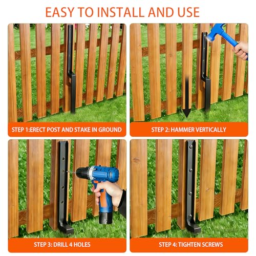 Fence Post Repair Kit Heavy Duty – Thickened Steel Fence Post Anchor Ground Spike, Fence Repair Kit Quick Fix Broken/Leaning Wood Fence Posts, Wooden Fence Post Stabilizer Stakes (4 Pack, Black) - color: 4 , Black