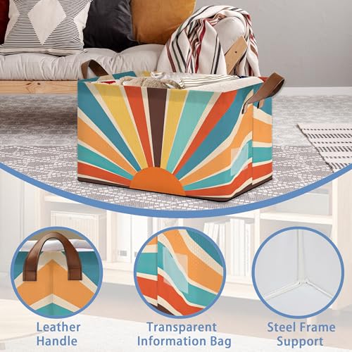Boho Abstract Sun Collapsible Storage Box,Geometric Organizer Bin with Handles for Room Decoration,Bins Book Basket Box 17x11.5x10Inch - color: Boho Abstract Sun Geometric