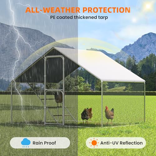 UDPATIO Large Metal Chicken Coop Walk in, Outdoor Heavy Duty Chickens Pen Run w/Cover for 10-15 Chickens - Predator Proof Poultry House | Double Feed Door UV-Resistant Cover Galvanized Outdoor Cage for Bird Duck Rabbit Hen 6-10 Silvery-metal 1PCS - size: