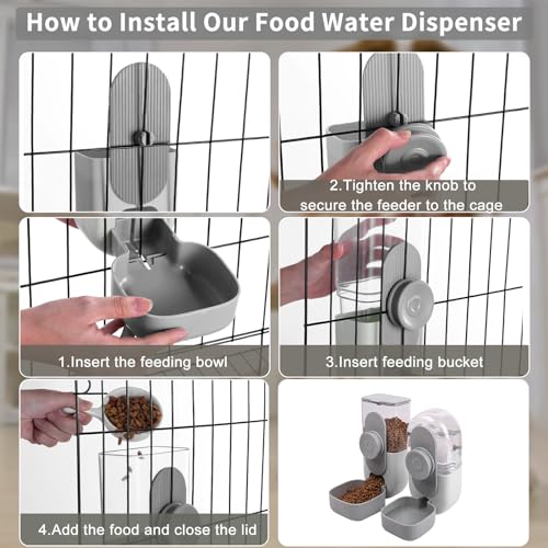 Lemtrflo Rabbit Feeder, Bunny Water Bottle Dispenser, Pet Cage Food Bowl | Suitable for Rabbits, Guinea Pigs, Ferrets, Cat and Other Small Pets - color: Gray