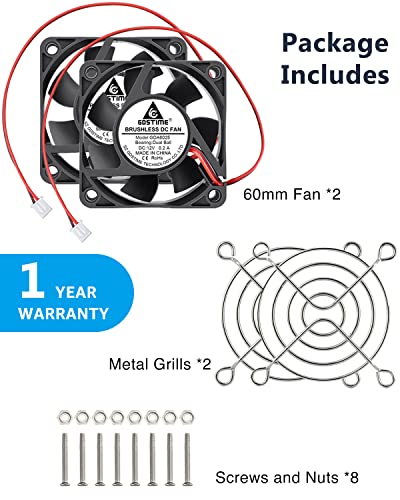 GDSTIME 60mm x 60mm x 25mm 12V 2Pin Dual Ball Brushless DC Cooling Fan 2Pcs | 4500RPM, High Speed, for PSU, Incubator, Battery box, DIY Console Exhaust Ventilation - 6025 - size: 60x25mm