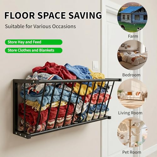 Wall Mount Hay Rack for Goats, Sheep, Horses – Heavy Duty 25 Gallon Livestock Hay Feeder, Hanging Blanket Holder with Rust Resistant Coating, Space Saving Farm Goat Feeder for Indoor, Outdoor Use - size: 25 Gallon