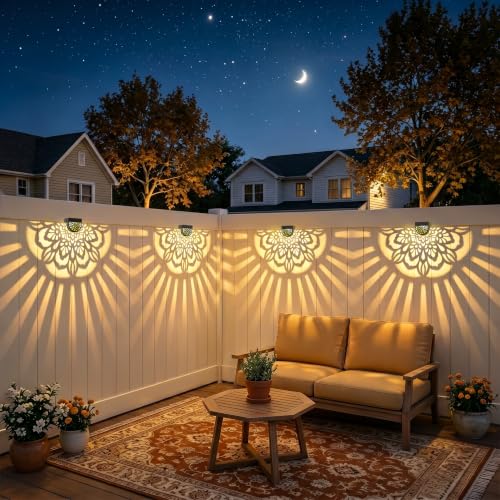 Gardsee Solar Fence Lights 6 Pack Solar Deck Lights Waterproof LED Solar Powered Step Light Wall Lights Outdoor Decorations Warm Yellow Light Decorative Lighting for Garden (Black 2) - style: flower