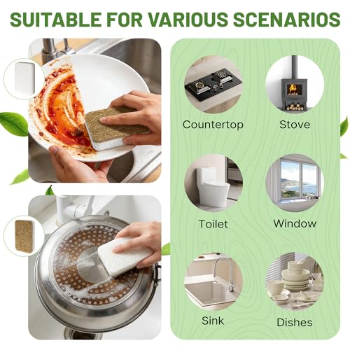 12 Count Plant-Based Kitchen Sponges, Natural Sponge for Non Stick Cookware | Compostable Cellulose, Biodegradable Sponges for Dishes, Non-Scratch Cleaning, Kitchen, Bathroom, Household