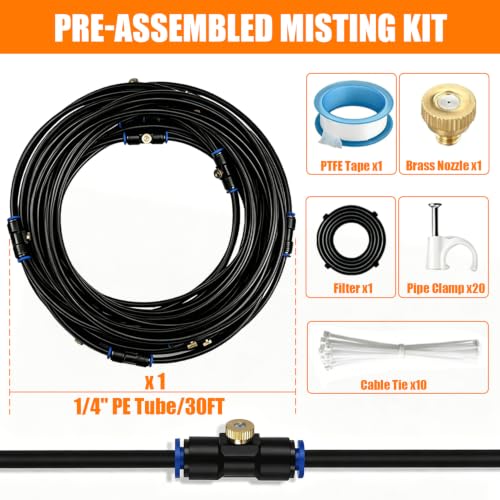 30FT(9M) Misters for Outside Patio | 8 Brass Nozzles and 3/4" Brass Adapter, misting cooling system for Backyard, Garden Greenhouse, Trampoline Sprinkler