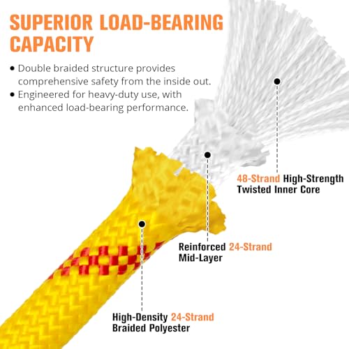 Double Braided Arborist Rigging Rope - 1/2 in X 100 ft 48 Strands Rappelling Outdoor Pulling Heavy Duty Polyester Bull Rope for Swing Tree Work Camping Rescue Hiking - Yellow - color: Yellow, size: 1/2 inch X 100ft