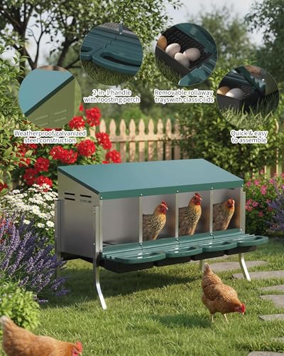 Metal Chicken Nesting Box with Easy-Collect Tray & Lid – 3/4/2x2 Compartment Heavy Duty Roll Away Nesting Boxes for Chickens, Wall Mount or Freestanding, Galvanized Steel Hen Laying Box for Coop