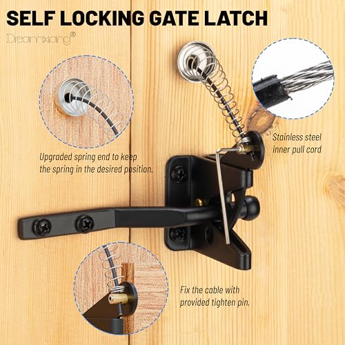 Self Locking Gate Latches with Spring Cable Pull, Post Mount Automatic Gravity Lever Gate Fence Door Lock for Wooden Fence/Vinyl Door/Aluminum Gate, 1 Pack