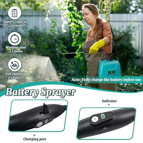 1.35 Gallon Battery Powered Sprayer, Electric Pump Sprayer in Lawn & Garden | USB Rechargeable Handle, 3 Mist Nozzles, Retractable Wand, Yard Sprayers with Adjustable Shoulder Strap for Yard, Garden - color: Blue-green, size: 1.35 Gallon