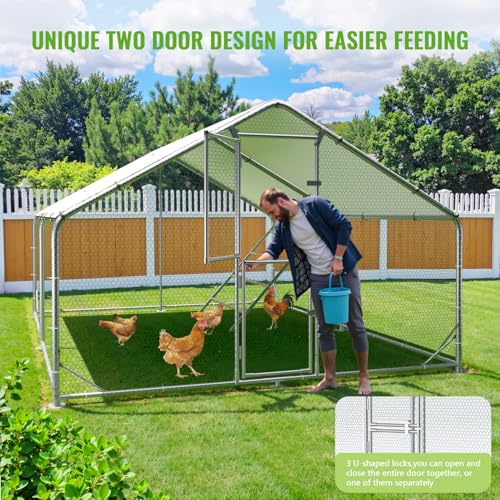 Large Metal Chicken Coop Runs for Yard with Cover, 10x13x6.5 | Perch Bars, Split Doors, Waterproof Covers, Mesh Wire - size: 157.5"L x 118.1"W x 78.7"H