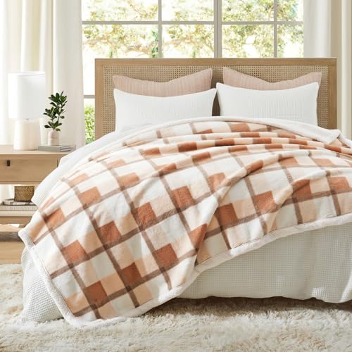 PU MEI Super Soft Faux Rabbit Fur Sherpa Fleece Throw Blanket, Reversible Luxury Cozy Cute Furry Blanket, Plush Warm Shaggy Fluffy Checkered Blankets for Sofa Couch Bed (Beige-Plaid, 80" x 90") - color: Beige-plaid, size: 80"*90"