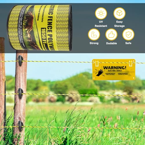 Upgrade Electric Fence Polywire 1650FT,500 Meters, 6 Stainless Steel Strands for Reliable Conductivity, Portable Electric Fencing, UV Resistant, Rust Resistant, Highly Conductive, Easy to Install - size: 1650 Feet