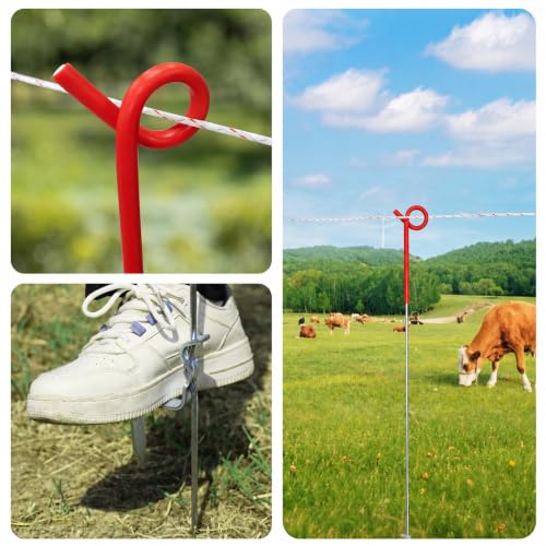 41 Inches Pig Tail Electric Fence Post, 30 Pack Stainless Steel Step in Fence Post, Electric Fencing Post for Garden and Livestock, Red - color: Red