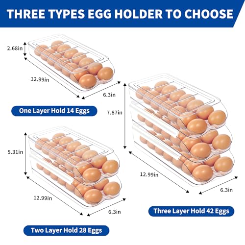 MesRosa Egg Holder for Fridge, Automatic Rolling Egg Organizer -1 Layer | Stackable Clear Egg Container & Tray for Refrigerator, Durable Dispenser and Storage with Sturdy Lid to Saving Space - size: 1 Layer Holder 14 Eggs