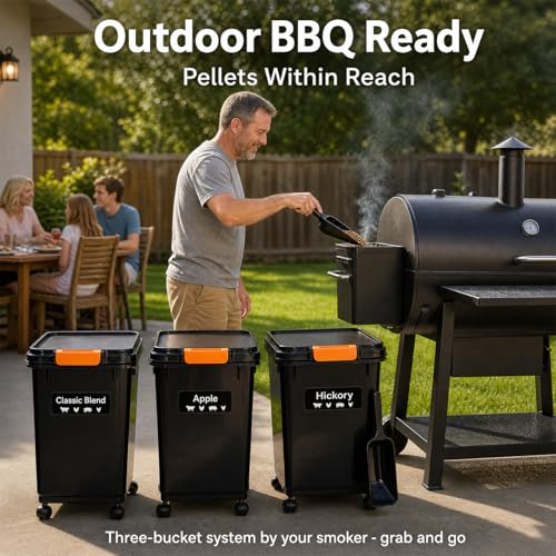 3 Sets 22lb Dog Food Storage Container with Airtight Lid,Scoops,Wheels and Labels,Dry Pellet Storage Bin Kit with Flavor Stickers Airtight for Grill Pellets