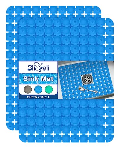 Bligli Sink Mat for Stainless Steel/Ceramic Sinks, 2 Pack 15.8x11.8 inches PVC Sink Protectors for Bottom of Kitchen Sink, Dishes and Glassware drain Mats, Durable and Fast Draining (Blue) - color: Blue