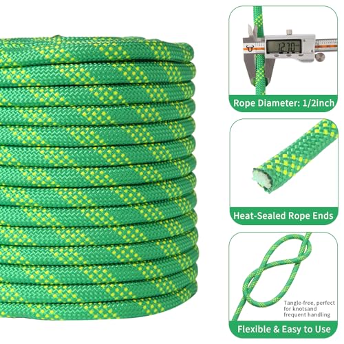 Arborist Rope Tree Climbing Rope(1/2inch x 100ft) 48 Strands Bull Rope for Construction Climbing Swing Sailing - size: 1/2 x 100ft, style: Green