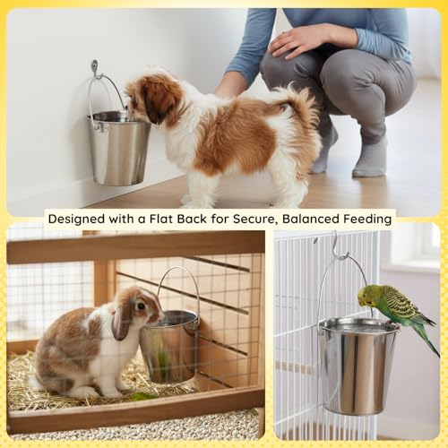 2 quart Stainless Steel Flat Side Bucket | 0.5 gal Durable Heavy Duty Food & Water Feeding Pails for Small Pet Birds Dog Cat | Fits kennel Cages Critter Crates Hanging Pail | Multipurpose - size: 2 Quarts