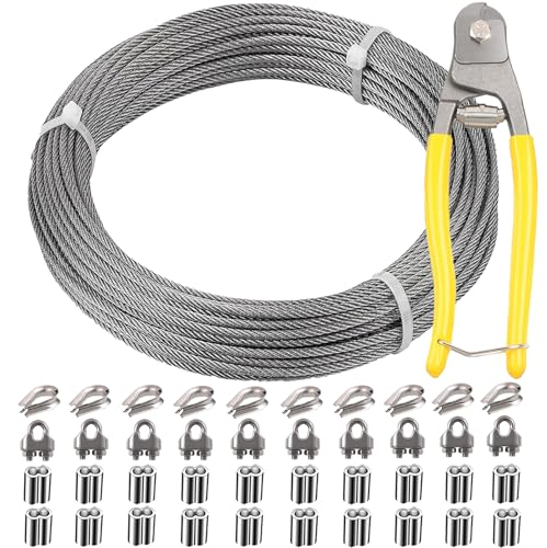 1/8 Inch Stainless Steel Wire Rope Kit, 7x7 Strands, 165 ft Length, With Cable Cutters, Sleeves, Thimbles, Clips, For Climbing Plants, Deck Railing, Fencing, Outdoor Hanging - size: 165FT | With Cutter
