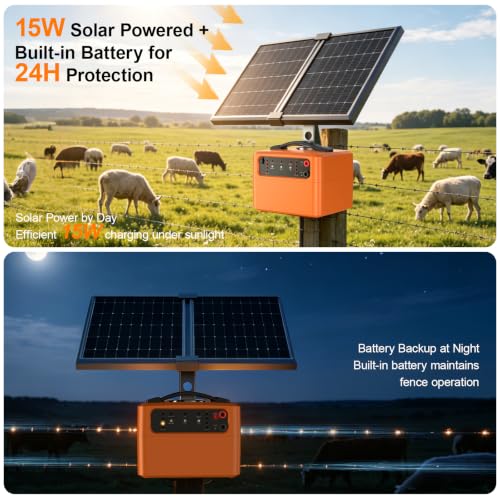 30 Miles Solar Electric Fence Charger, 15W Solar Powered Electric Fence Kit with 6–12KV & 0.3–1.5J Adjustable Output, Battery Level LCD Display, All-Weather for Livestock, Farm, Garden