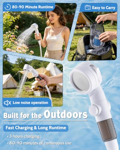 Subtoy Portable Camping Shower Pump, USB-C Rechargeable Shower Head Sprayer with 3 Modes, Pumps Water from Bucket, Shower Pump for Travel, RV, Pet Bath, Beach, and Emergency Use (+ Mesh Bag)