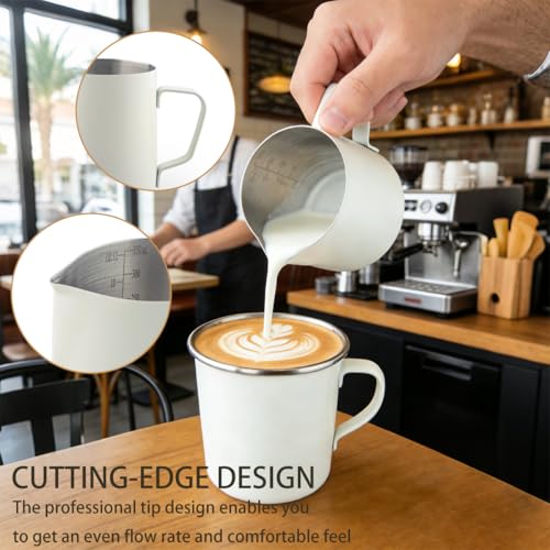 Milk Frothing Pitcher 12oz/350ml Stainless Steel Steaming Cup | Thickened Jug Steaming Pitcher with Latte Art Pen for Cappuccino/Latte/Espresso (White) - size: 12oz/350ml