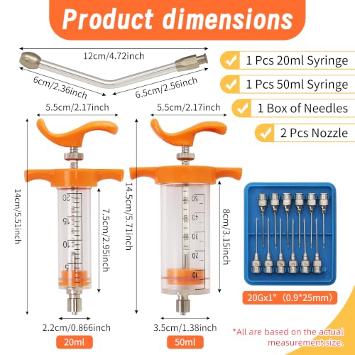 2 Pcs Goat Syringe Reusable Adjustable Goat Drench Syringe with 2 Drench Nozzle and Needles, Feeding Supplies for Cattle, Sheep, Goats, Horse, Pig, Dog (Orange, 20ML+50ML) - color: Orange, size: 20ML+50ML