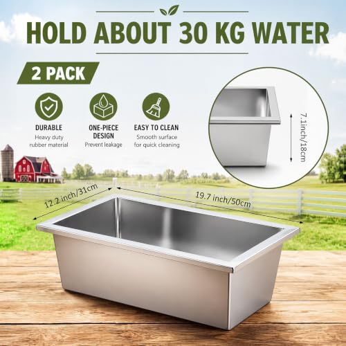 Geelin 2 Pcs 6 Gallon/24 Quart Livestock Water Trough, Stainless Steel | 19.7" Long Large Capacity Livestock Feeding Trough for Calves Pig Sheep Horses Alpacas and Goats Farm Animal Feeding - size: 6 Gallon/24 Quart