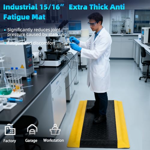 15/16" Anti Fatigue Mats Industrial,Thick Heavy Duty Commercial Grade Ergonomic Standing Mat 1.67' x 4'- Black/Yellow for Workshop, Garage,Sponge Base to Relieve Back & Leg Pain