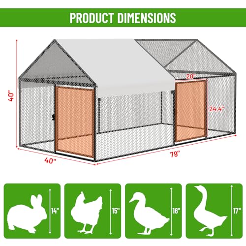 NUGRIART Metal Chicken Coop 79"x40"x40", Portable Chicken Run with Cover | Hardware cloth poultry cage with waterproof cover for outdoor backyard use, suitable for poultry and small animals. - size: 79.0"L x 40.0"W x 40.0"H
