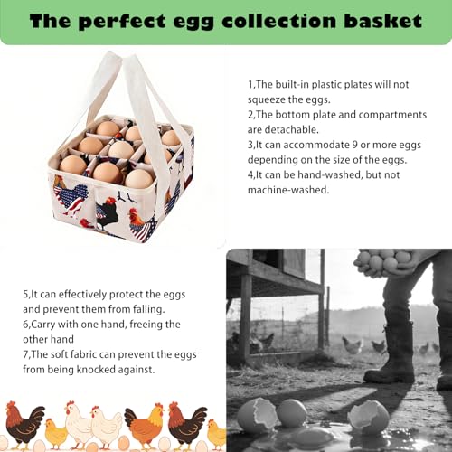 Eggs Collecting Basket, Durable Canvas Egg Basket with Plastic Board, 9-Pouch Chicken Egg Holder Bag for Gathering Fresh Eggs, Egg Gathering Basket and Multipurpose Chicken Holder Bag (American flag)