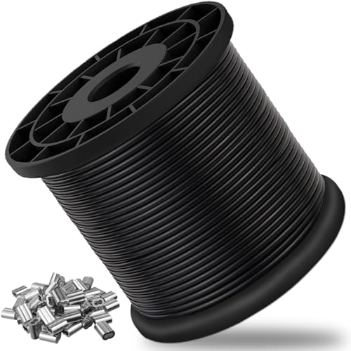Vinyl Coated Wire Rope 304 Stainless Steel Coated Wire Cable-Black, 1/16" OD to 3/32" x 328FT, with 150 Pcs Crimping Sleeves-Cable for String Lights, Suitable for Clotheslines - size: 328FT