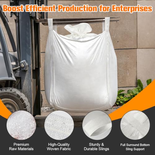 Heavy Duty Bulk Bags 220 Gallon Flat Bottom Duffle Top 10Pack | White Woven Polypropylene FIBC Bulk Bags for Construction, Demolition, Mining & Landscaping, Holds up to 3500lbs - size: 10 Pack / MAX LOAD:4400 LBS