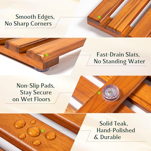 24x16 Teak Shower Mat, Non-Slip Solid Wood Bath Duckboard | Fast-Drying Spa-Style Wooden Slat, Heavy Duty Floor Panel for Bathroom, Indoor & Outdoor Use - size: 24" x 16" (Rectangular)