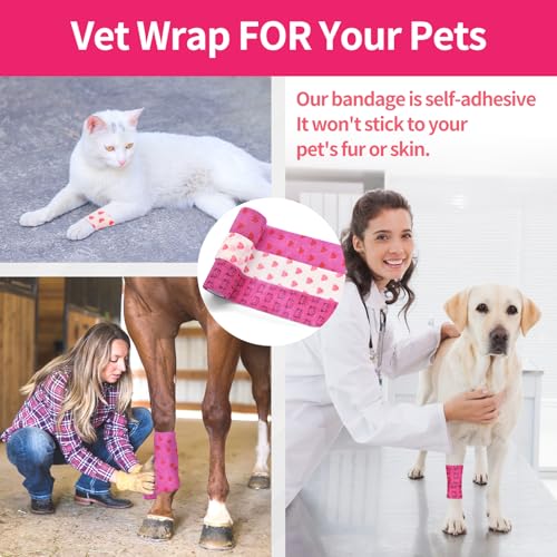 6 Roll 2 Inch x 5 Yards Heart and Cat Print Pet Vet Wrap for Dogs Cats, Cohesive Bandages in Bulk, Pink Non-Woven Self Adhesive Bandages Wrap Roll for Pet Animals Wound Care, Ankle Sprain and Swelling