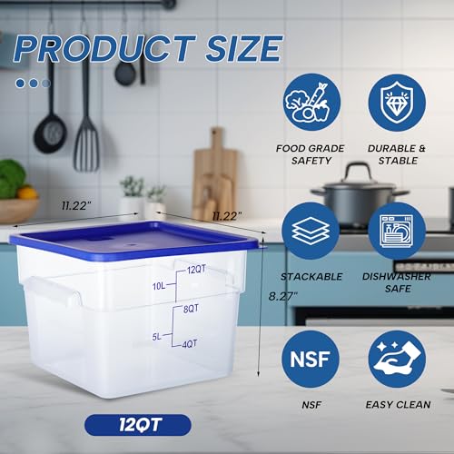 4 Pack 12QT Square Food Storage Containers with Lids | Clear NSF polycarbonate containers with scale, label and measuring cup, stackable for prep, storage, freezer. Dishwasher safe - color: 12Qt-New Version