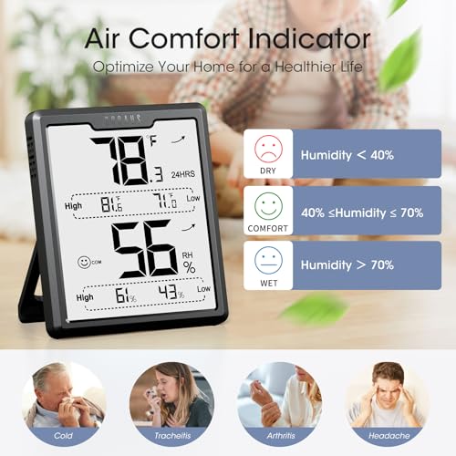 DOQAUS Hygrometer Indoor Thermometer, Temperature Humidity Meter, Black | 3.4in Large LCD Display, Temp Humidity Monitor with Max Min Records for Home, Bedroom, Baby Room, Office, Greenhouse - color: Black