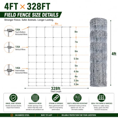 Cattle Panel 14Gauge Galvanized Woven Wire Fence 4FT x 328 FT Cattle Fence | Livestock Farm Fence 8in to 3.5in Mesh Heavy Duty Welded Wire Fencing for Goats Garden Fencing and Animal Containment - color: Silver, size: 14 Gauge 4'×328'