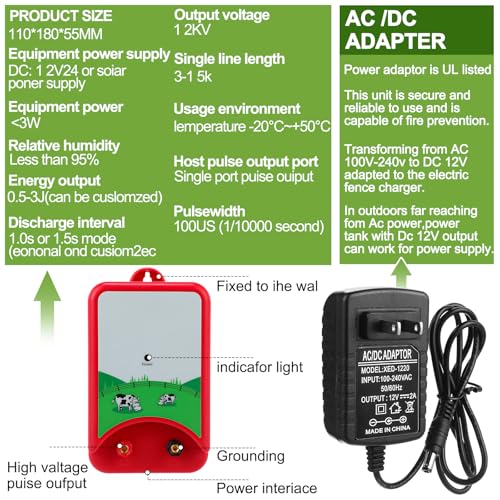 8 Mile Electric Fence 12000V 1.5Joule Electric Fence Charger Kit with Copper Ground Rod Insulator Socket Tool Aluminum Wire for Containing Dog Livestock