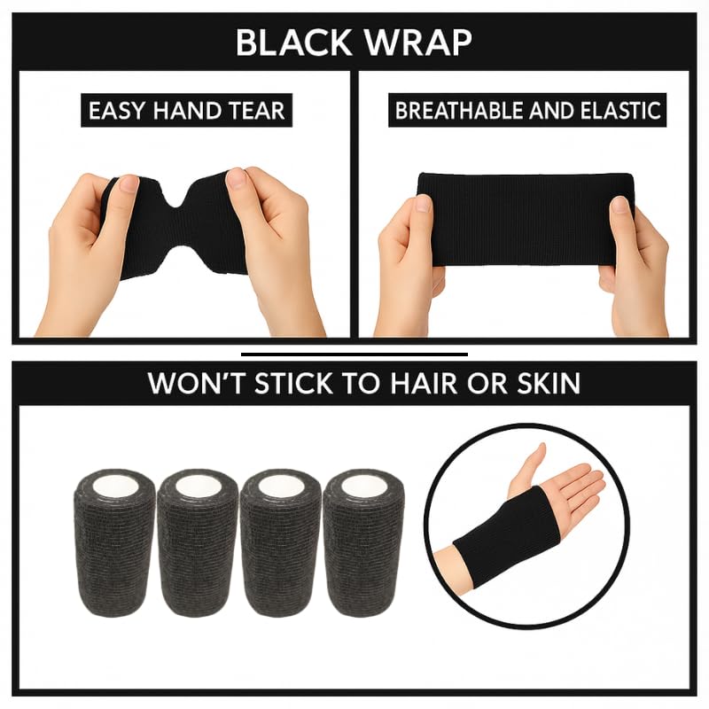 4" Cohesive Flexible Bandage Wrap – Black - 8 Pack | Self-Adherent Vet Tape for Animal Use | Breathable, Easy Tear, No Clips Required | Ideal for Horses, Dogs, Livestock, Pets - color: Black