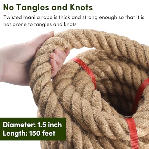 Manila Rope 1-1/2 x 150ft, Thick Natural Hemp Rope,Large Decorative Hemp Nautical Ropes,Twisted Manila Ropes Great for Gardening,Railings,Hammock Nautical - size: 1-1/2in, style: 150FT