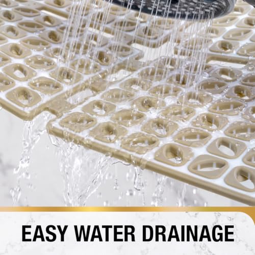HITSLAM Shower Mat Anti Slip, 24x24 Inch Cut to Fit No Odor Soft TPE Shower Stall Mat, Square Bath Mat with Suction Cups and Drain Holes, Soft on Feet, Khaki - color: Khaki