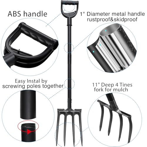 Pitch Fork, Metal Broadfork Garden Tool Long Handle, 4 Tine Mulch Hay Manure Digging Bedding Hay Potato Garden Fork Shovel for Gardening Loosening Soil Compost - size: 45"
