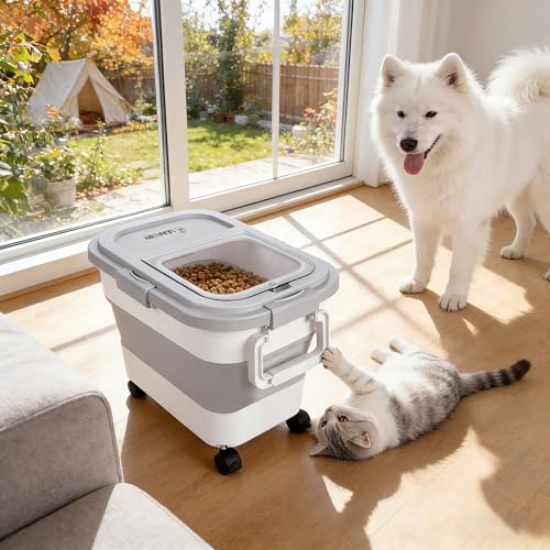 Dog Food Storage Container 20-25lbs, Airtight Pet Food Bin with Locking Lid & Clear Window, Collapsible Rolling Storage Container with Wheels and Scoop, Gray - color: Gray-M