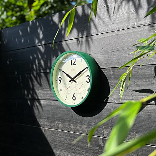 Cloudnola Indoor Outdoor Waterproof Metal Wall Clock with Thermometer and Hygrometer, Green, 12 inch Silent Non-Ticking Battery Operated Quality Quartz Round Clock for Patio and Home Decor